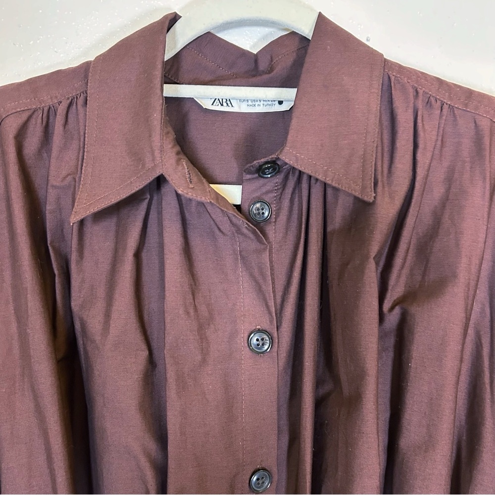 Zara Brown Puff Sleeve Belted Midi Shirt Dress S Old Money Preppy Classic - Picture 5 of 8